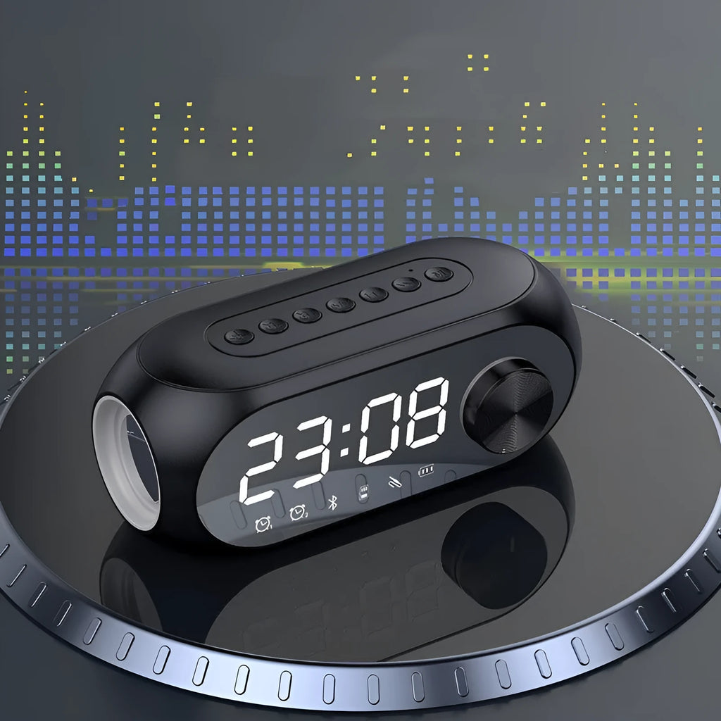 Extra Bass portable mini clock radio in S8 Black colour with USB charging cable
