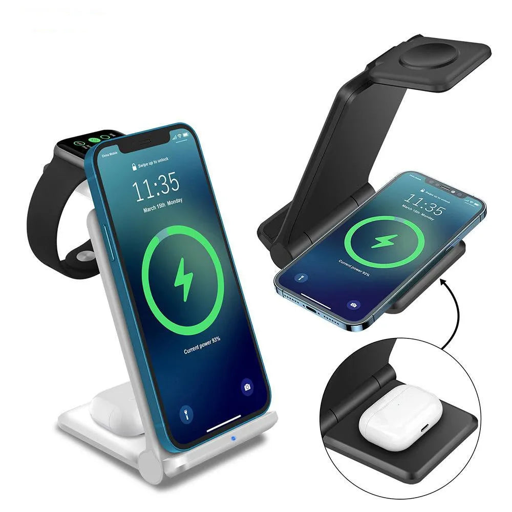White 3-in-1 wireless charging station showing iPhone, Apple Watch, and AirPods charging simultaneously