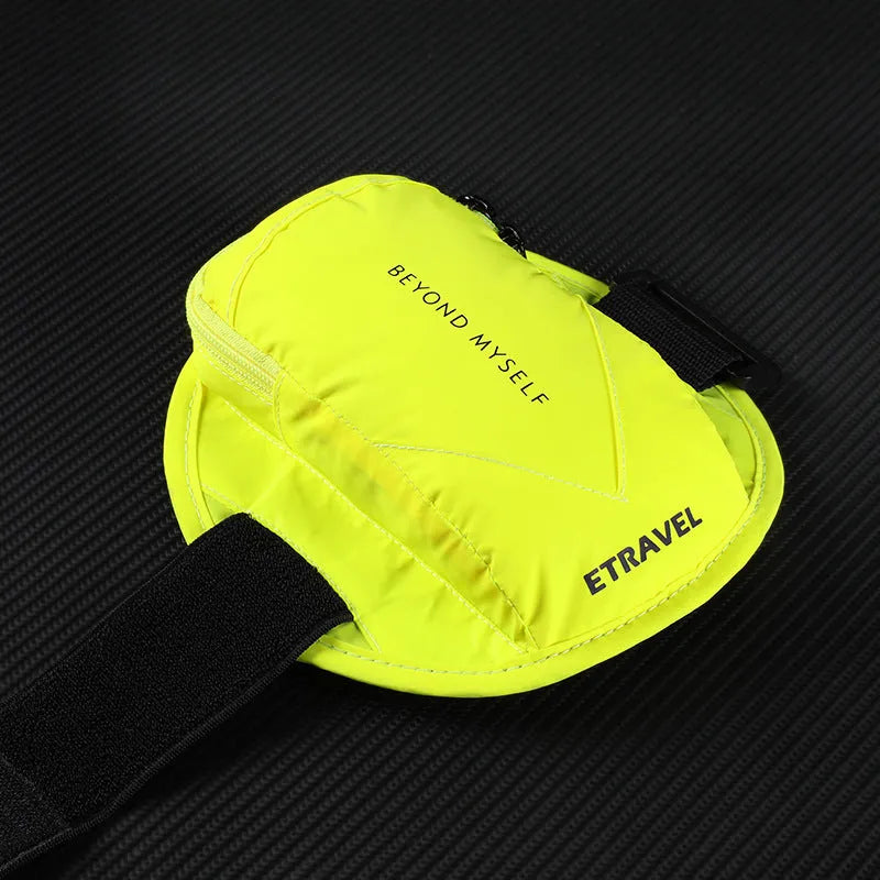 Lightweight reflective running arm bag shown in black, fluorescent yellow, and silver grey colours.