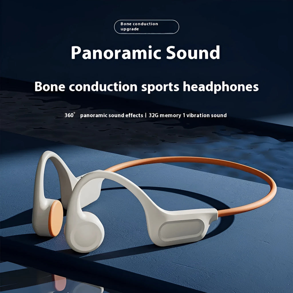Bone conduction Bluetooth headset in beige orange with ear hook design and 32G memory