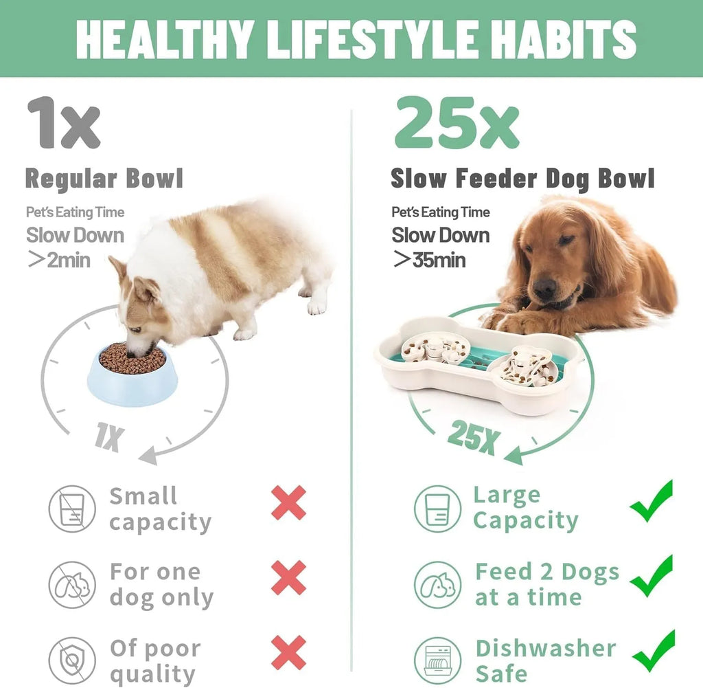 Large green slow feeder dog bowl with three-tier puzzle design for dry and wet food