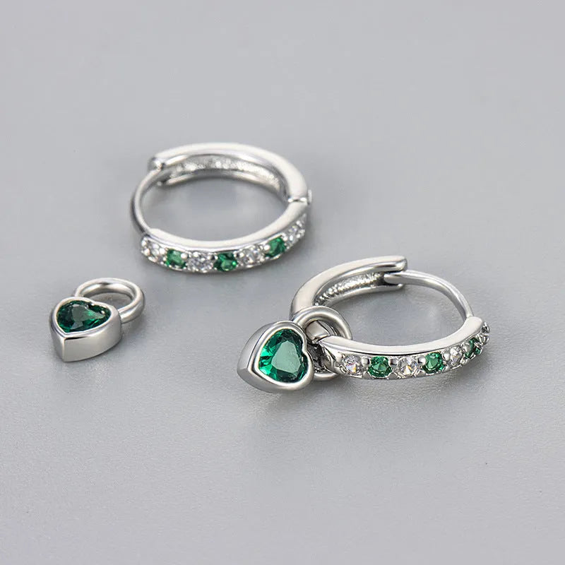 Women's heart-shaped drop earrings with colourful stones in gold or white gold coloured settings