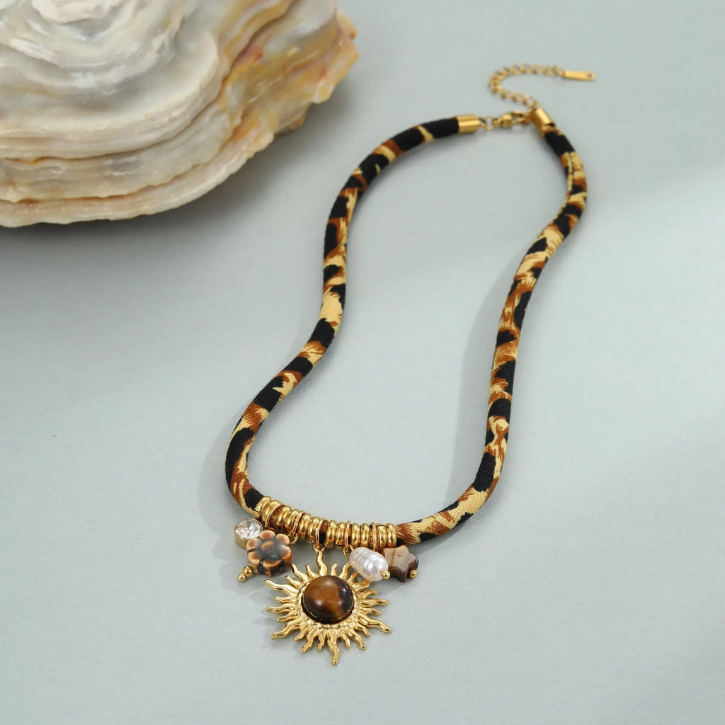 Leopard series stainless steel necklace with 18K gold plated geometric pendant and adjustable chain for women