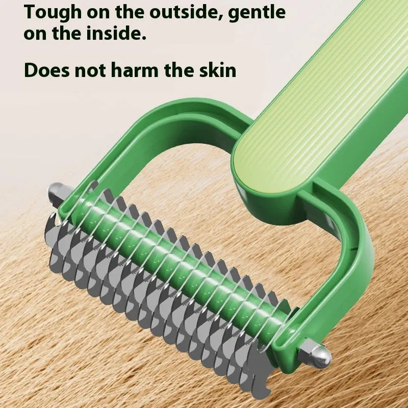 Green and grey dog grooming comb for unknotting hair, shown in large and small sizes