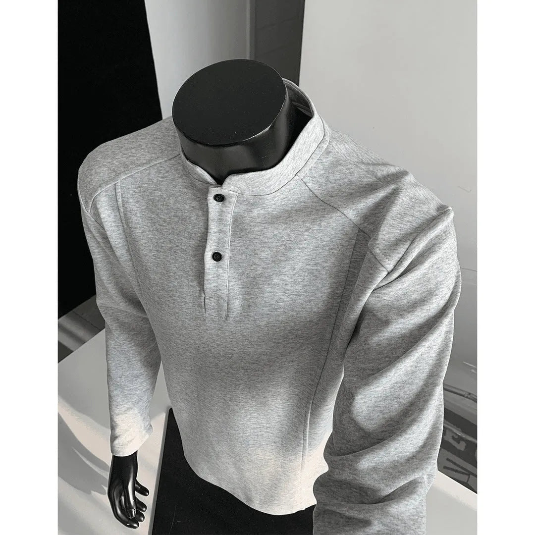 Men's long sleeve polo shirt with stand-up collar and asymmetric patchwork design in loose fitting style