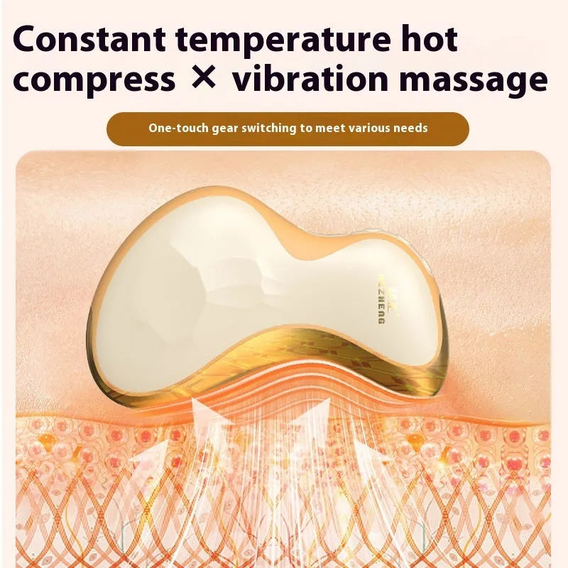 Golden yellow electric scraping board with USB charging port, showing hot compress and vibration massage functions.