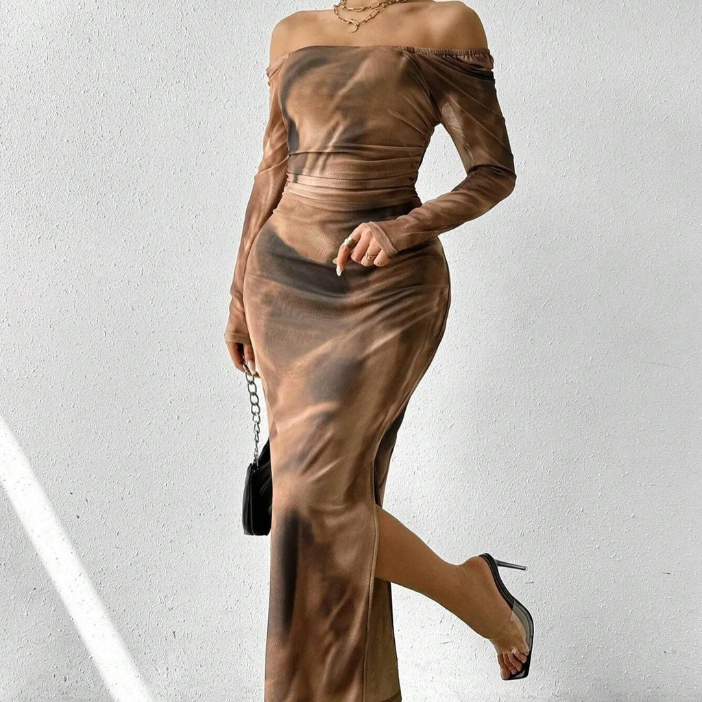 Long mesh fishtail evening dress with square collar and printed pleated gradient colour design