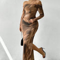 Long mesh fishtail evening dress with square collar and printed pleated gradient colour design