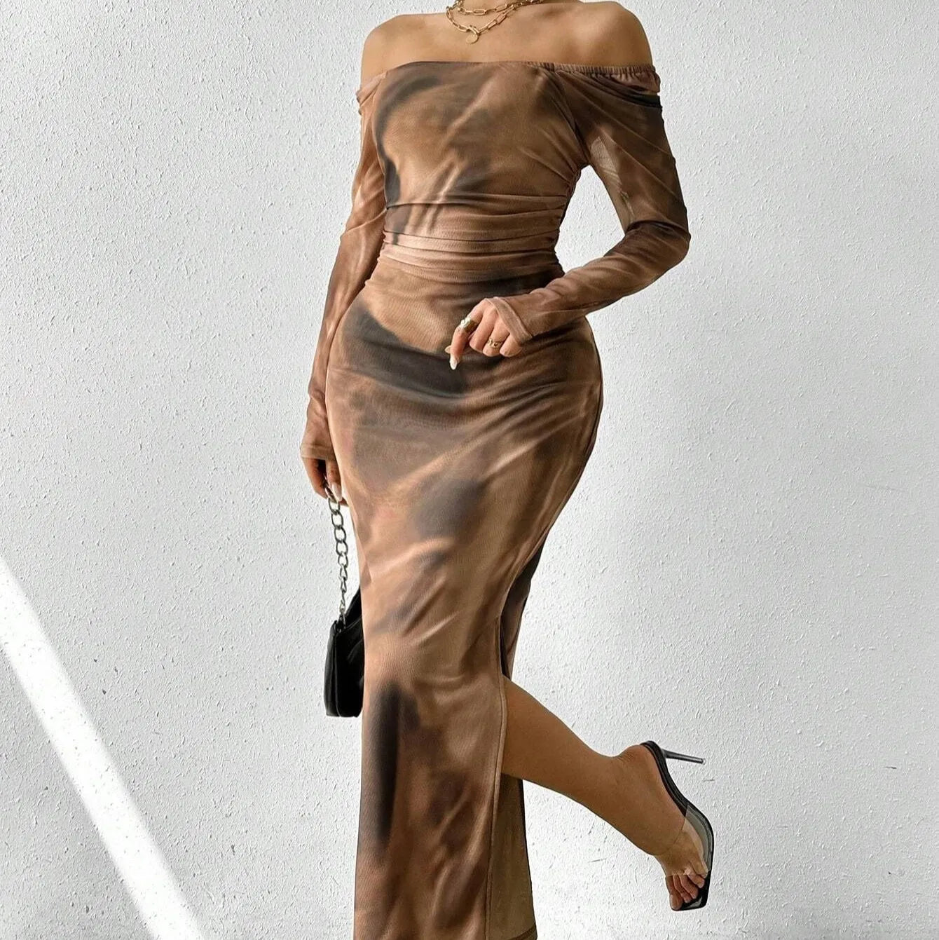 Long mesh fishtail evening dress with square collar and printed pleated gradient colour design
