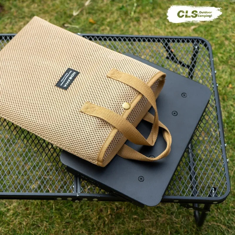 CLS aluminium dual-use folding camping stool shown converted into a small side table, with storage bag and beige PU mat.