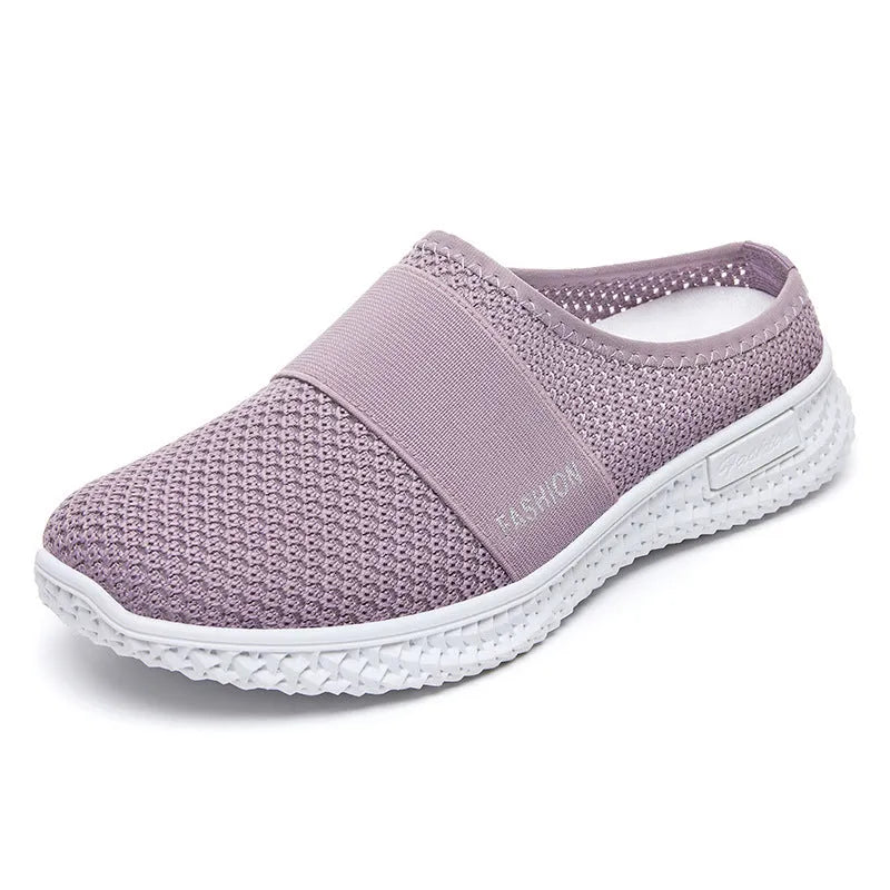 Women's breathable mesh casual shoes in black, grey, pink, and purple with flat heel and round toe design
