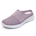 Women's breathable mesh casual shoes in black, grey, pink, and purple with flat heel and round toe design