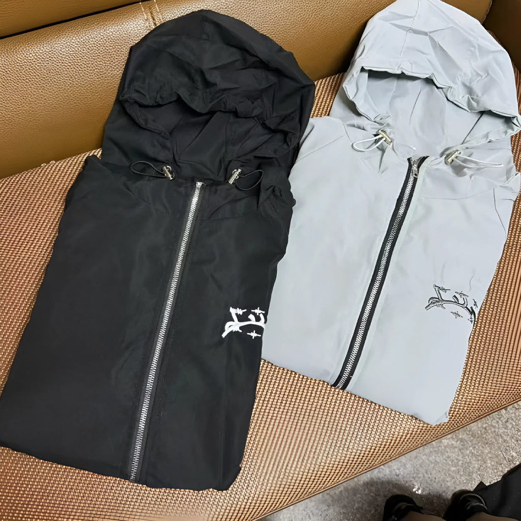 Men's grey hooded sunscreen jacket in loose British style with Asian sizing options