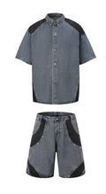 Retro washed denim suit for men with short-sleeve jacket and matching trousers