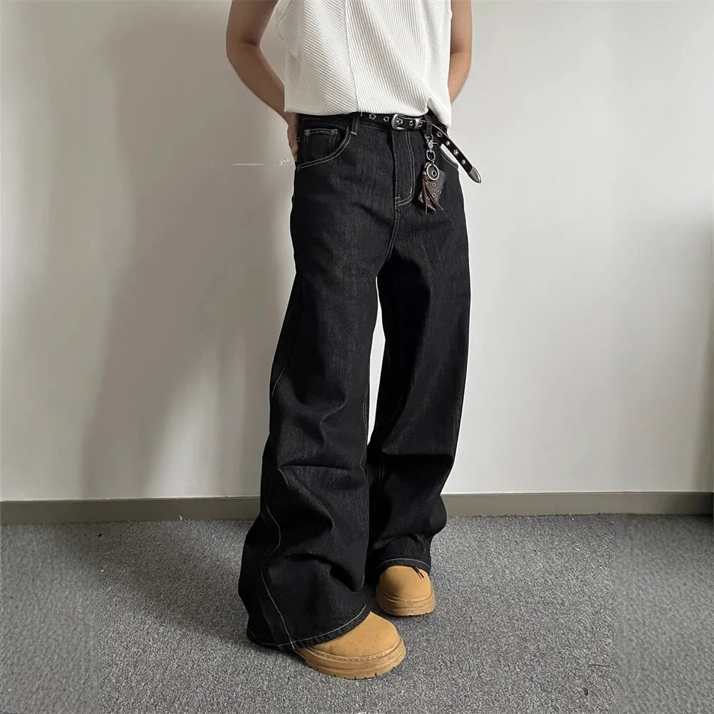Black retro wide-leg jeans with straight-leg design and zip placket closure