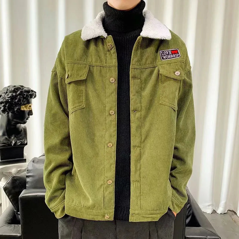 Men's loose fit corduroy work jacket in khaki, green, or black with a stick pocket.