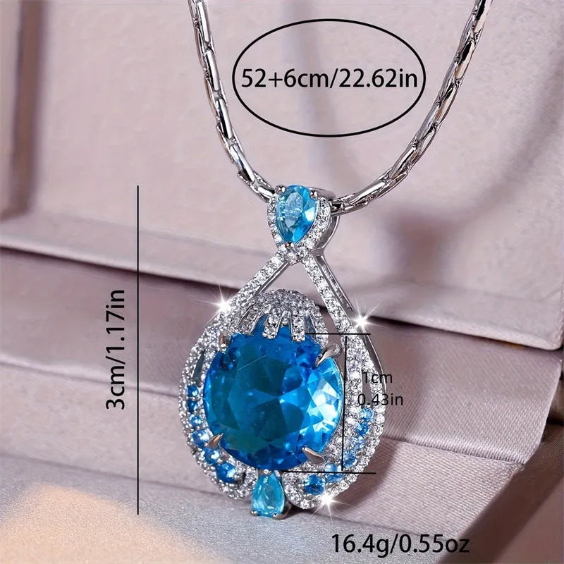 Simple blue fireworks cut crystal pendant necklace for women with water wave chain