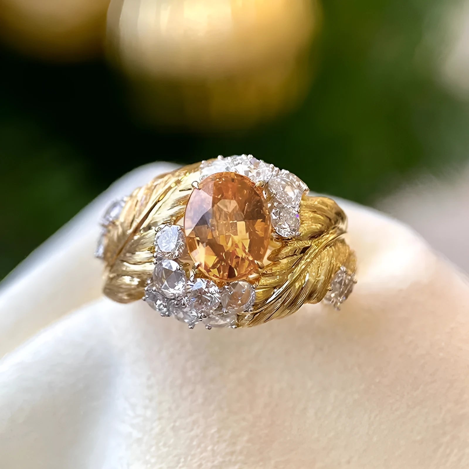 Embossed feather pattern gold ring with yellow zircon stone in geometric setting