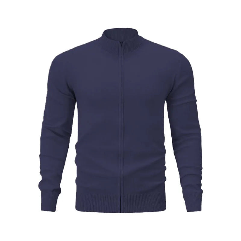 A man's casual cotton zip-up hoodie with a stand collar, shown in a solid colour on a hanger.
