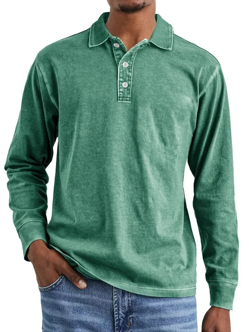 Man's retro washed distressed pure cotton long sleeve polo shirt with lapel collar in army green colour.