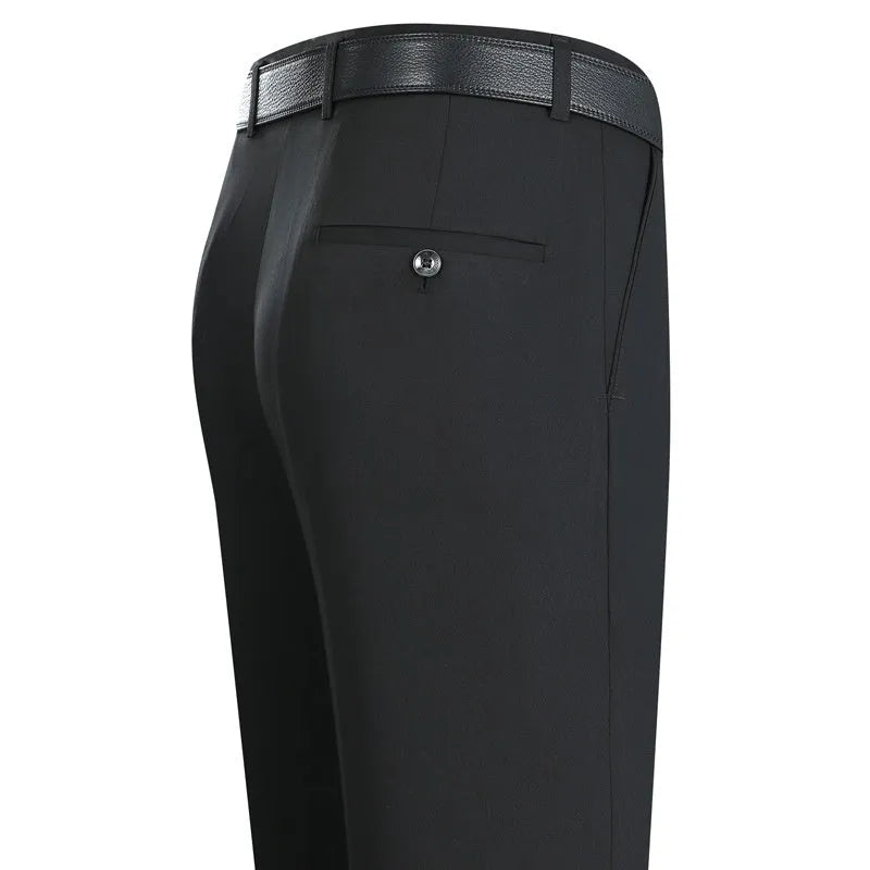 Men's straight leg business trousers in mulberry silk blend fabric with high waist design