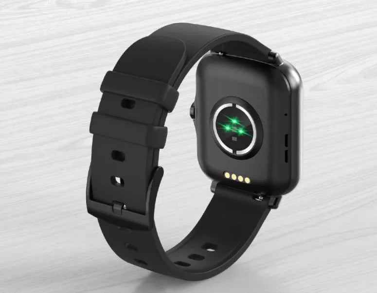 Smart watch with 1.7-inch colour touch screen on adjustable silicone strap in blue, black, or gold