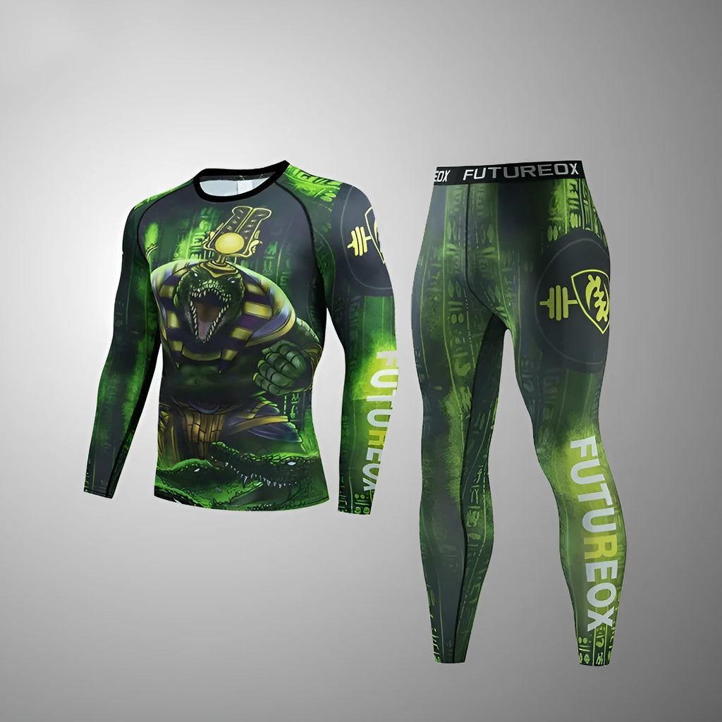 Man wearing a slim-fit ZF016 printing pattern sports suit, consisting of a long-sleeved top and trousers, for running or fitness.