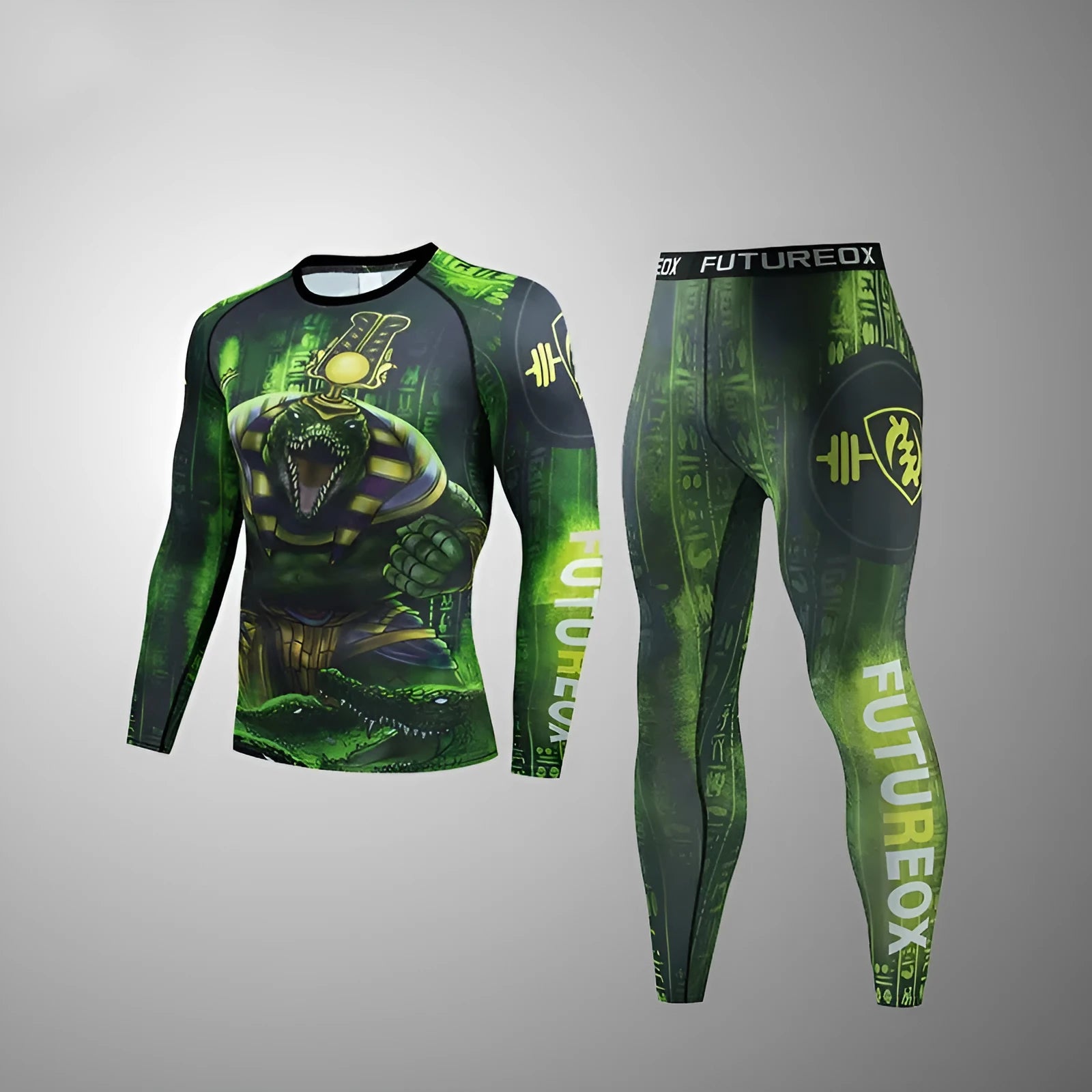 Man wearing a slim-fit ZF016 printing pattern sports suit, consisting of a long-sleeved top and trousers, for running or fitness.