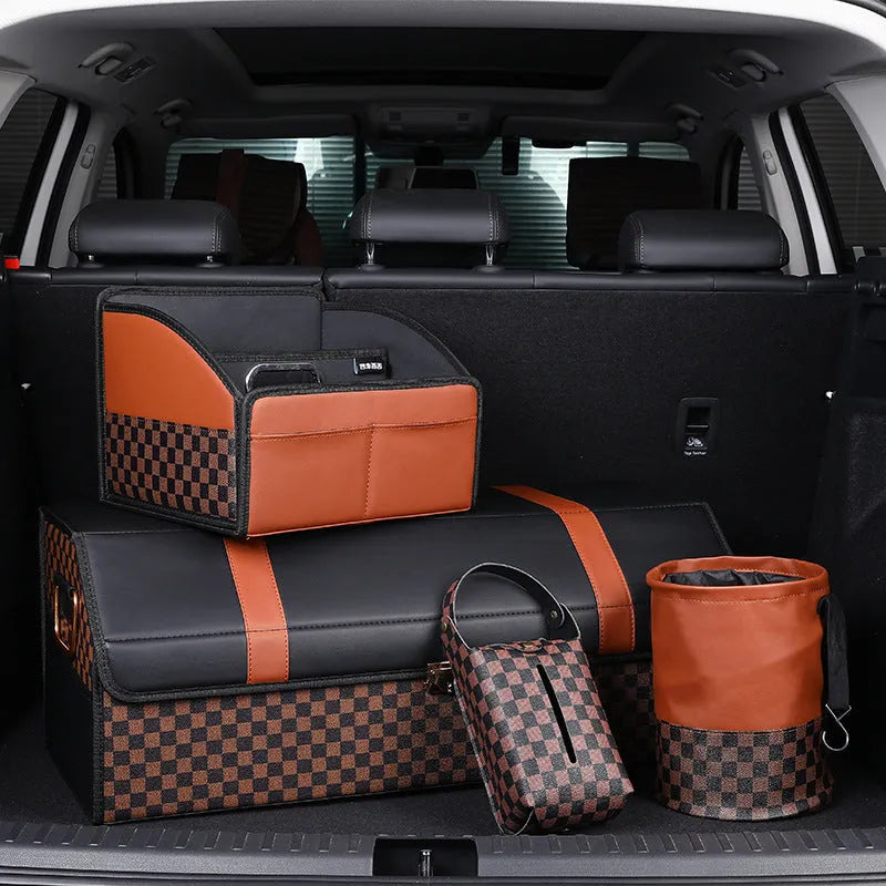 Retractable leather car trash can with waterproof lining and carry handle shown in vehicle
