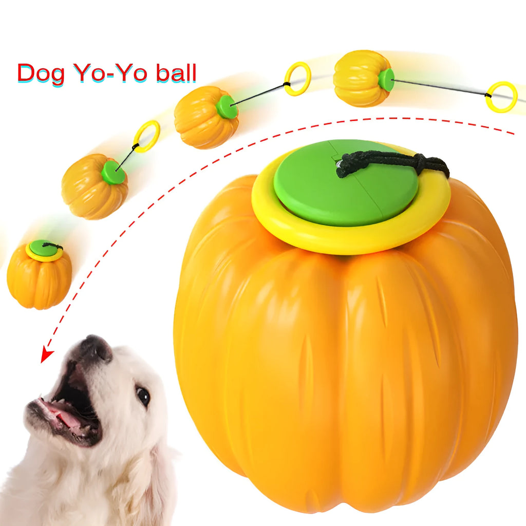 Orange pumpkin-shaped dog chew ball with squeaker for small dogs, measuring 69mm diameter