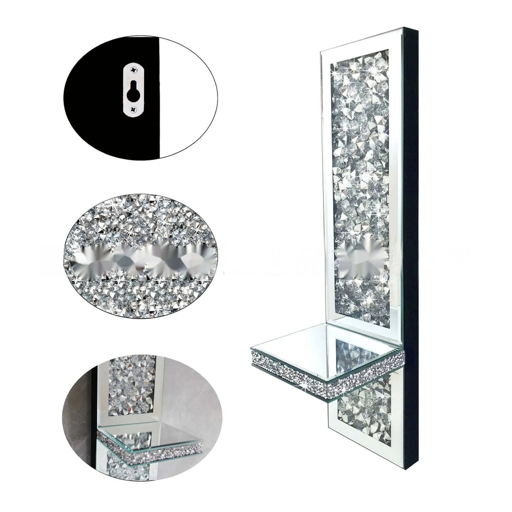 Pair of tall silver mirror glass wall-hanging candle holders with modern crystal design.