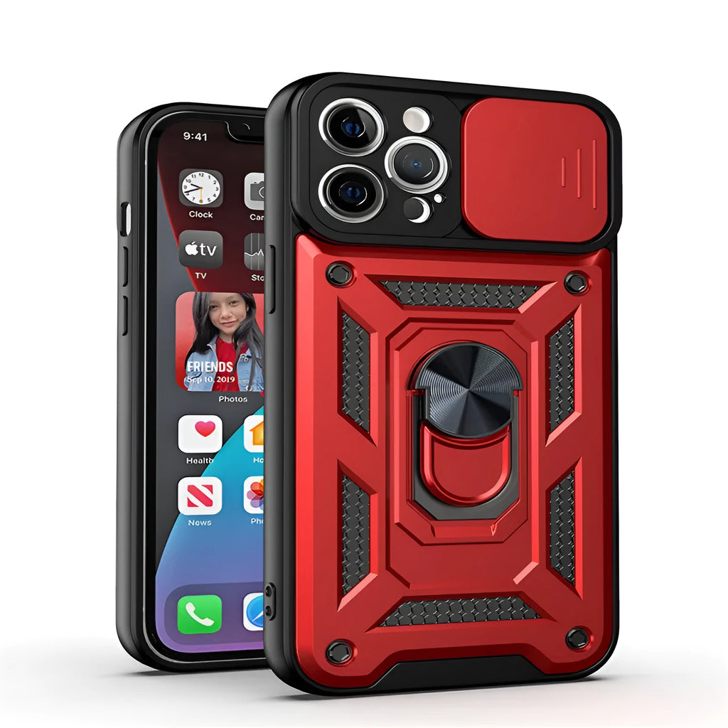 Sergeant sliding window mobile phone case with magnetic bracket on back, shown in blue colour.