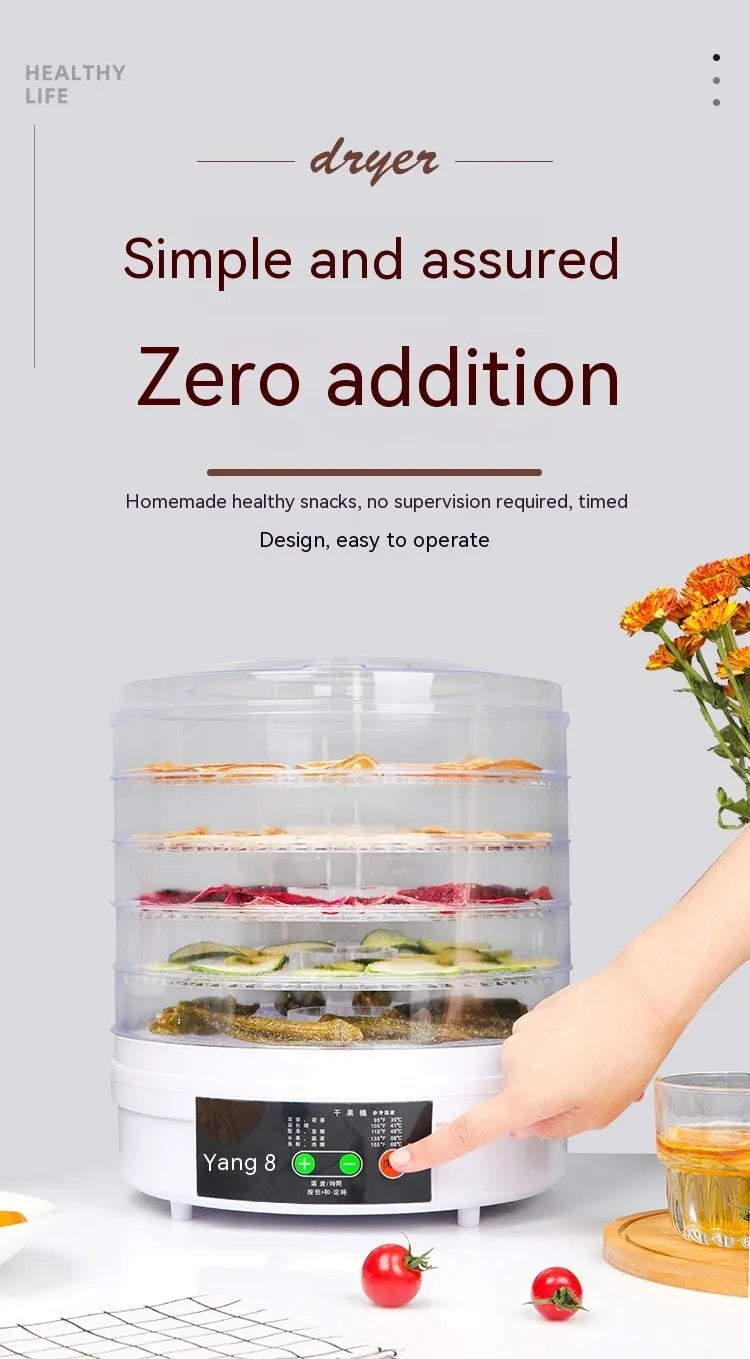 Five-layer household food dehydrator with seven mesh drying trays and multiple plug options