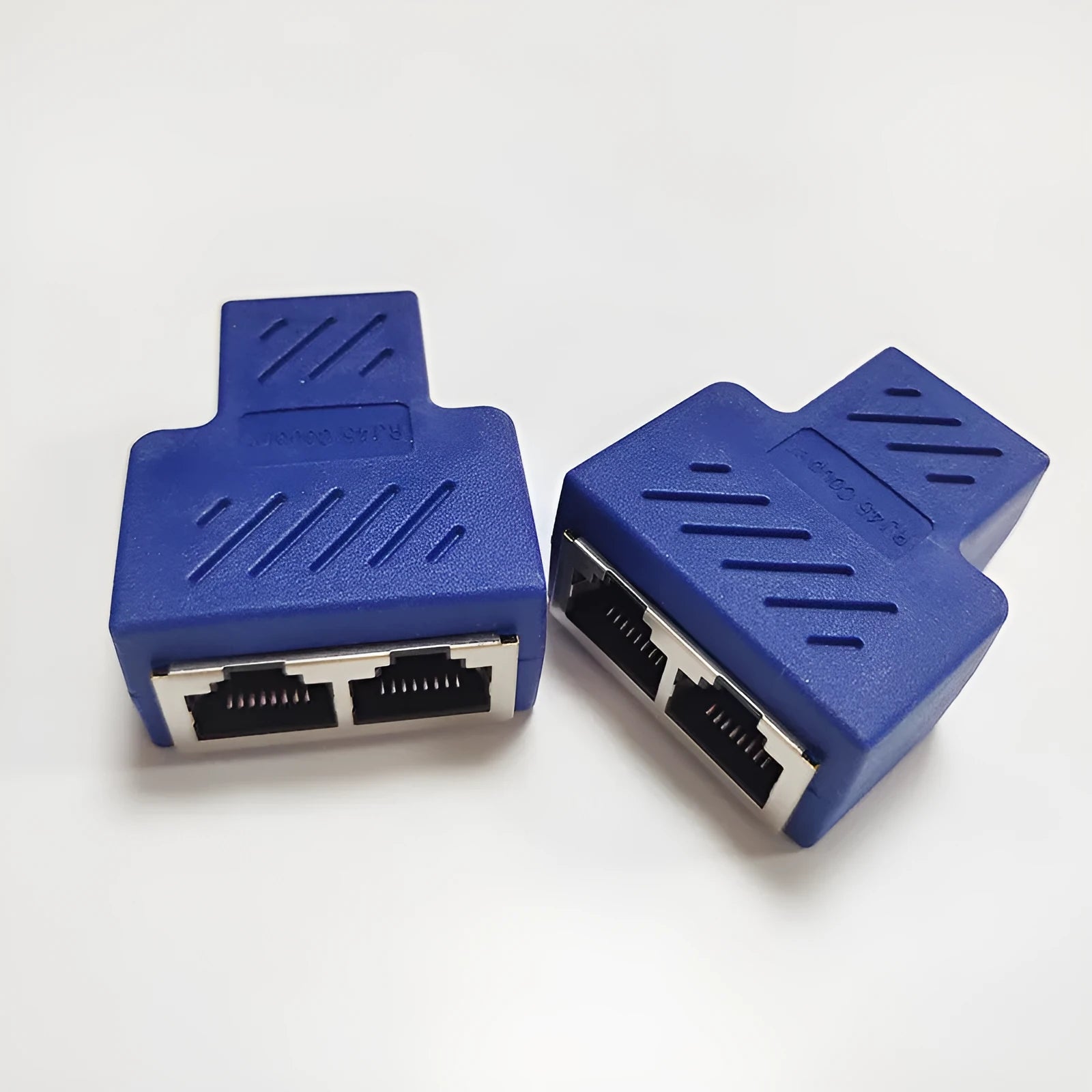 RJ45 three-way network cable splitter adapter in five colour choices.