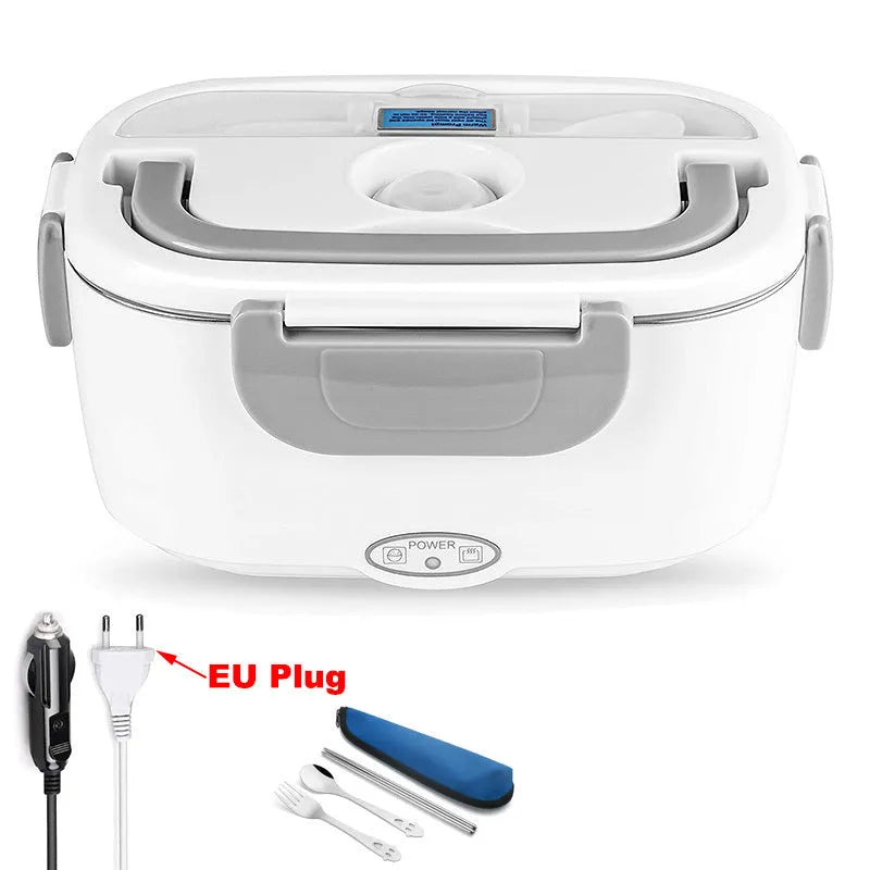 Grey dual-power electric lunch box with car and home compatibility showing mechanical controls
