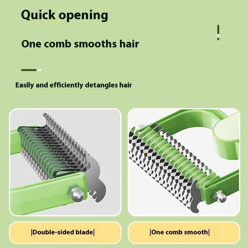 Green and grey dog grooming comb for unknotting hair, shown in large and small sizes