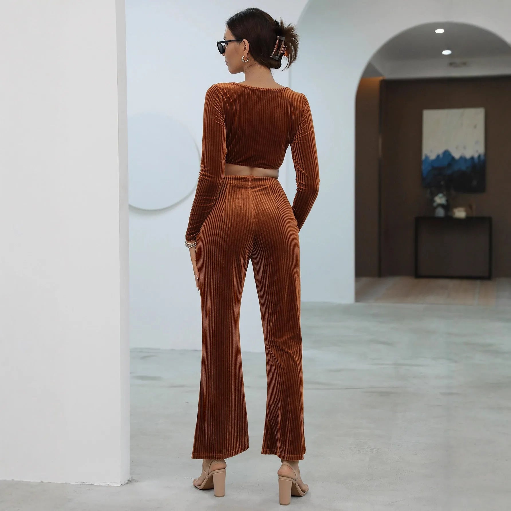 Caramel coloured long sleeve knit sweater and matching trousers casual set