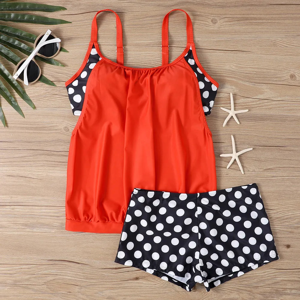 Women's split printed polka dot boxer swimsuit in high waist brief style