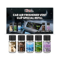 Pack of five small bottles of scented liquid car air freshener refills for vent clips.