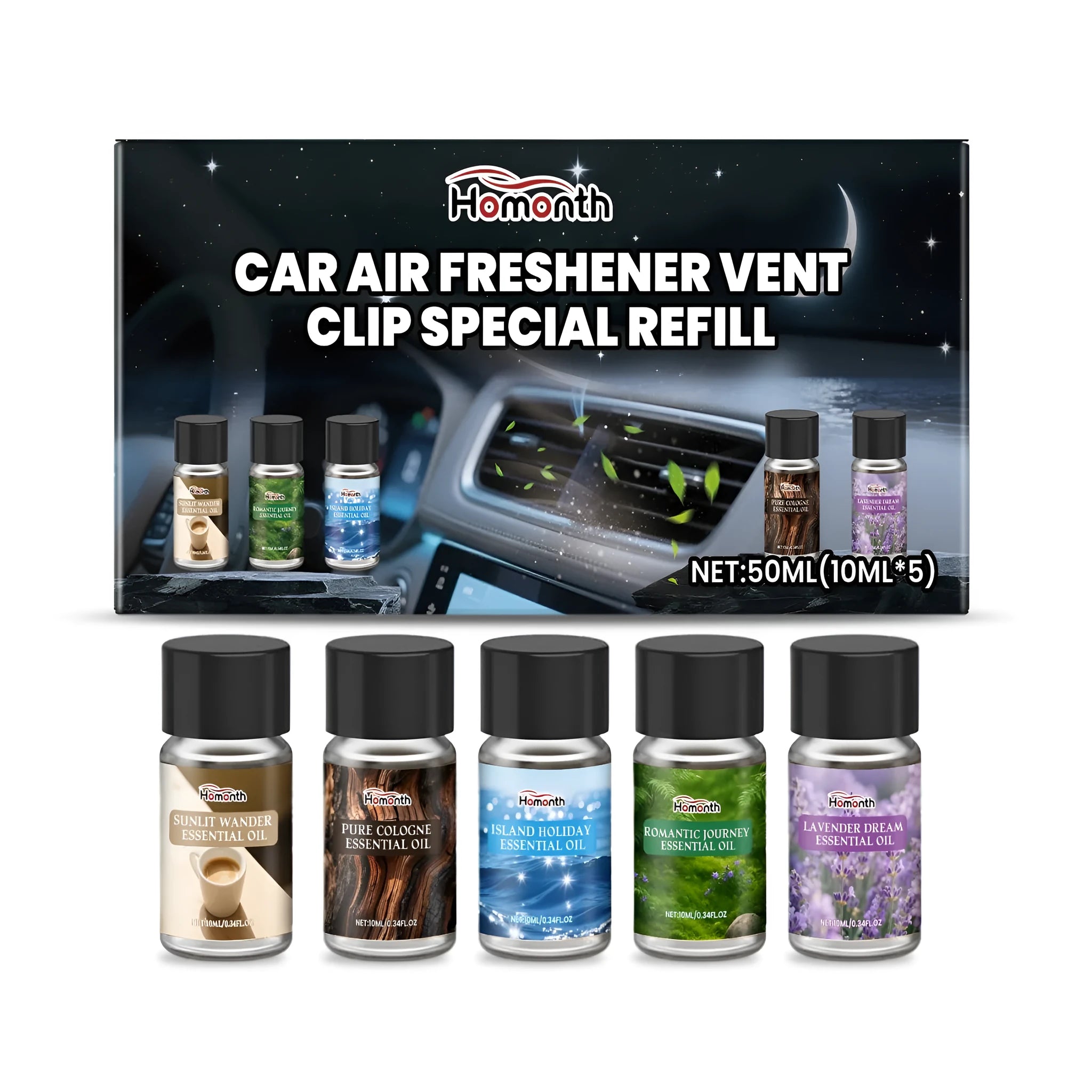 Pack of five small bottles of scented liquid car air freshener refills for vent clips.