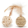 Two cat toys: a woven rattan ball and a faux feather ball with bell on a white background.