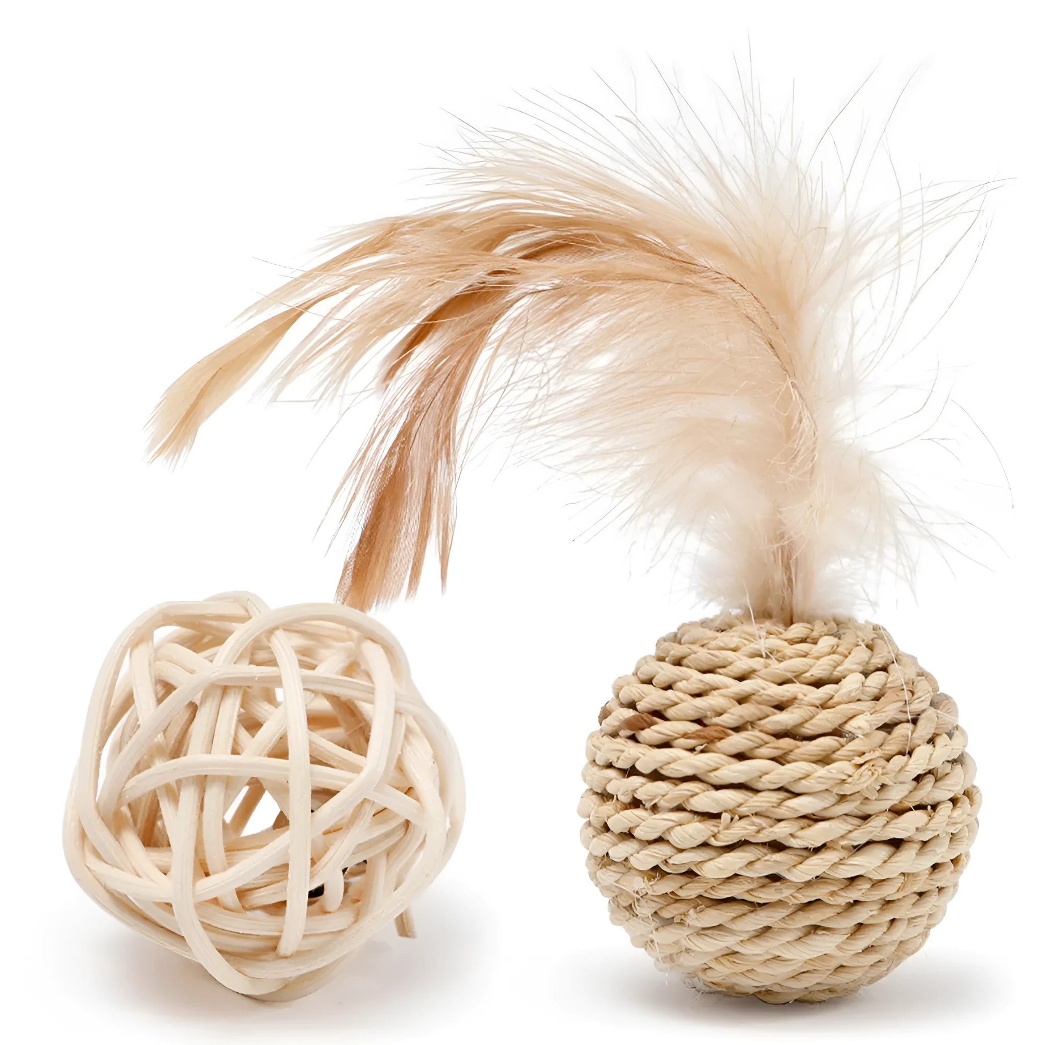 Two cat toys: a woven rattan ball and a faux feather ball with bell on a white background.