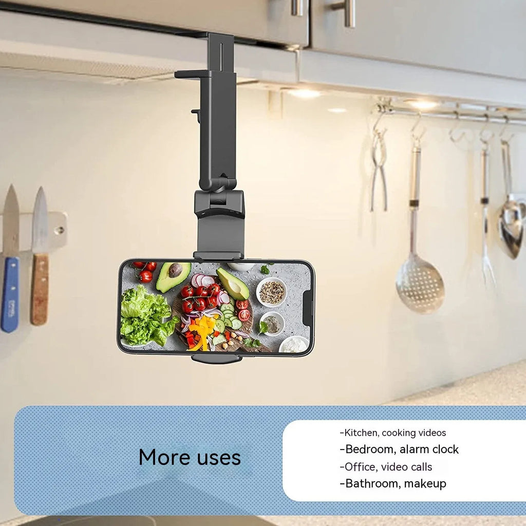Foldable rotating phone holder in black, extended to full 20cm height with phone secured