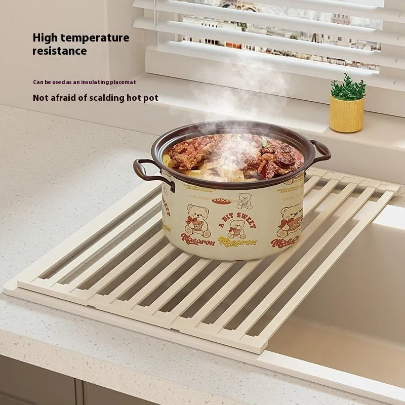 Milky white 304 stainless steel foldable kitchen draining rack with tri-fold design