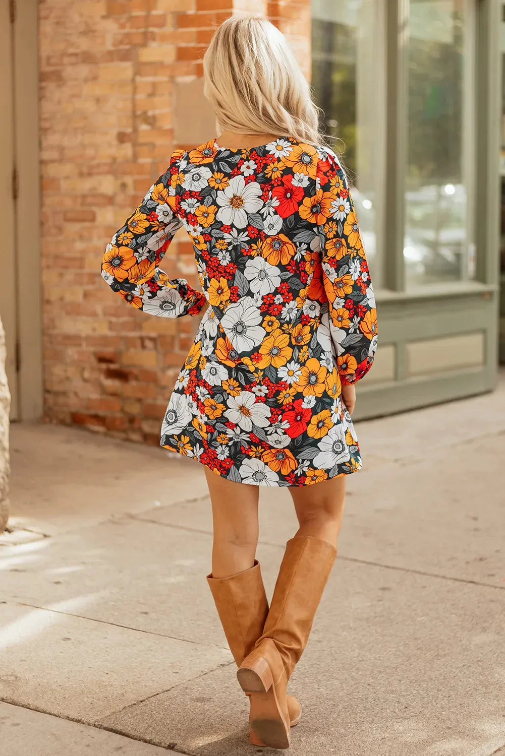 Orange floral striped lace V neck mini dress with long sleeves