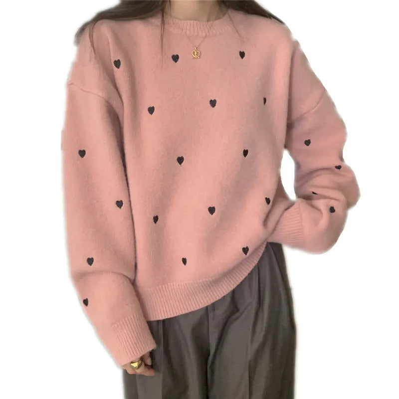 Women's acrylic pullover sweater with love embroidery in milk white colour, loose fit crew neck design