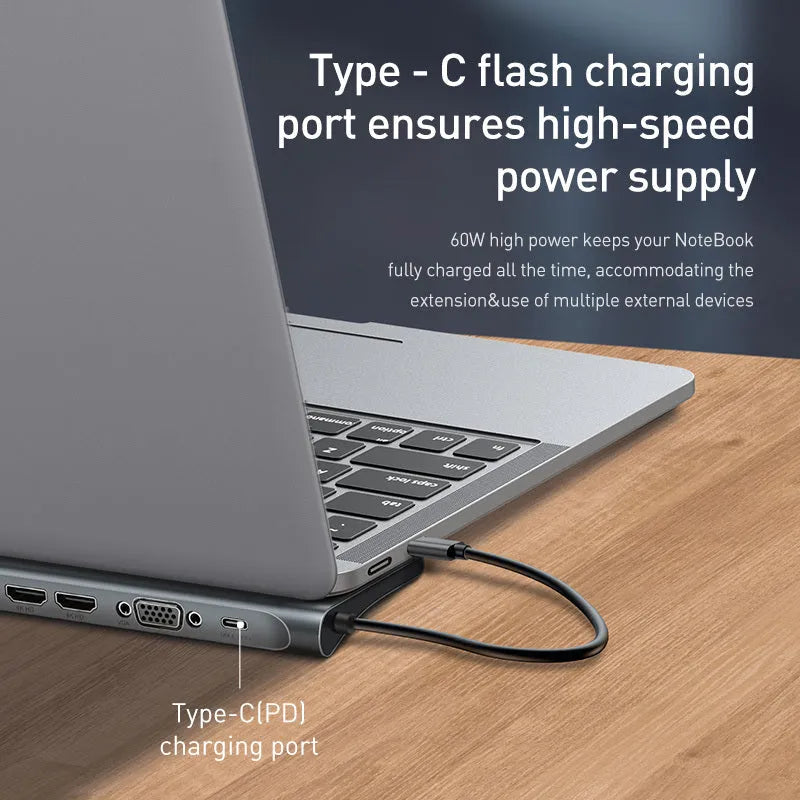 Grey aluminium USB-C docking station with cooling bracket showing multiple ports including HDMI and network