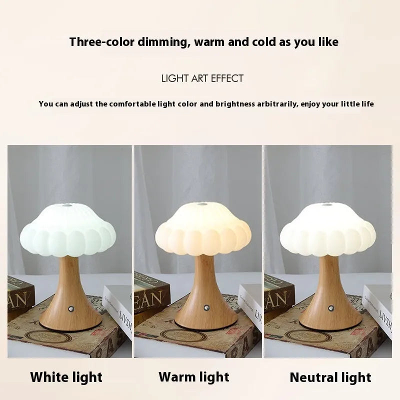 Mushroom shaped touch control night light with USB charging in wood grain colour finish