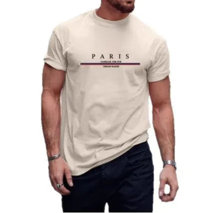 Men's heavy pure cotton short-sleeved loose t-shirt with printed letter design in apricot colour