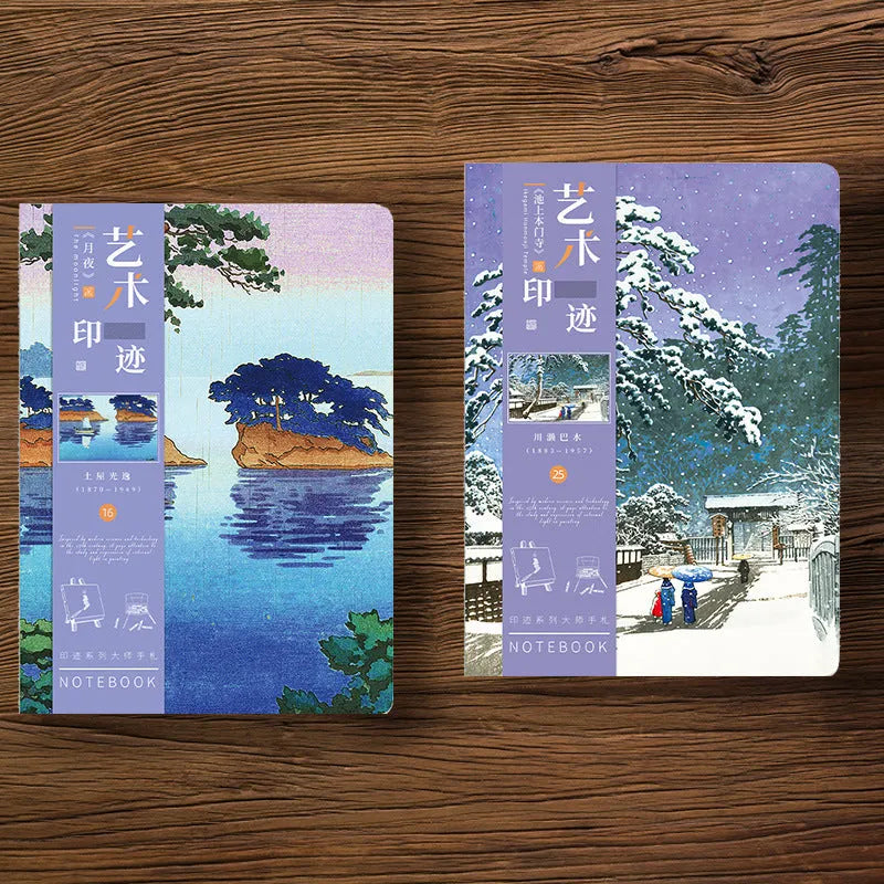 Ukiyo-e series hand ledger notebook showing retro Japanese art cover, open to reveal Daolin paper pages